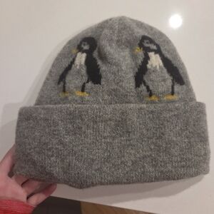 Gray Beanie with Penguin Design